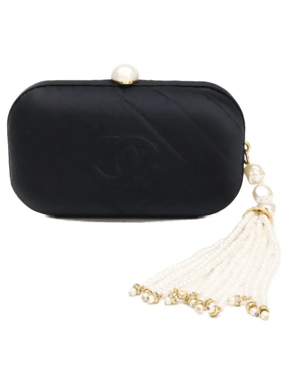 Chanel Vintage Pearl Satin Clutch With Crystal Tassel